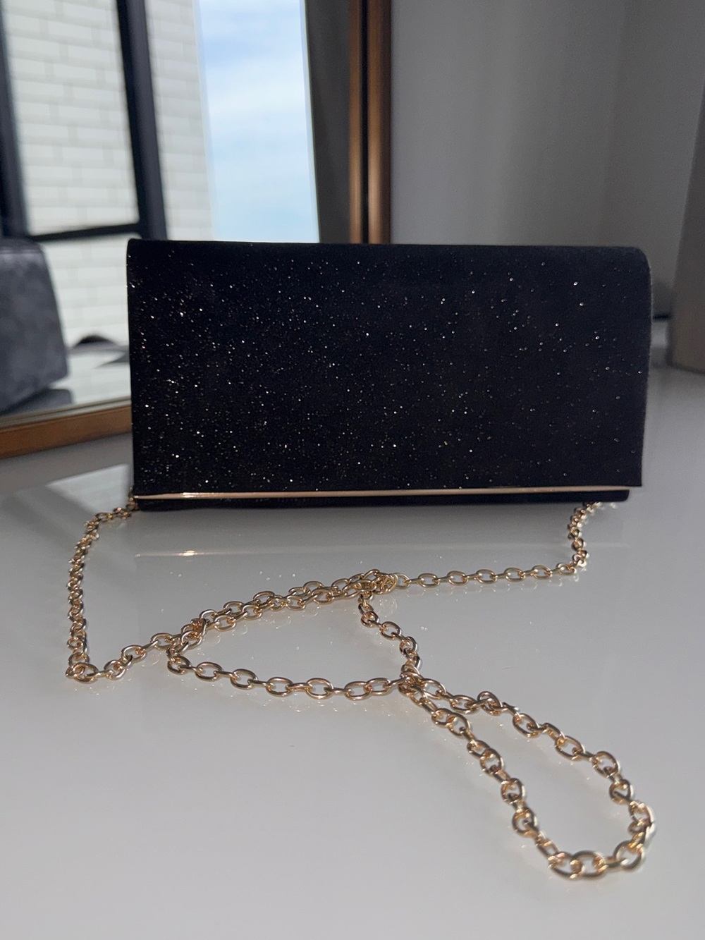 Evening Sparkle Black Clutch with Gold Chain